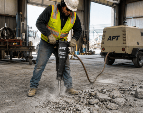 APT soil tamper compacting backfill material around underground utility pipes